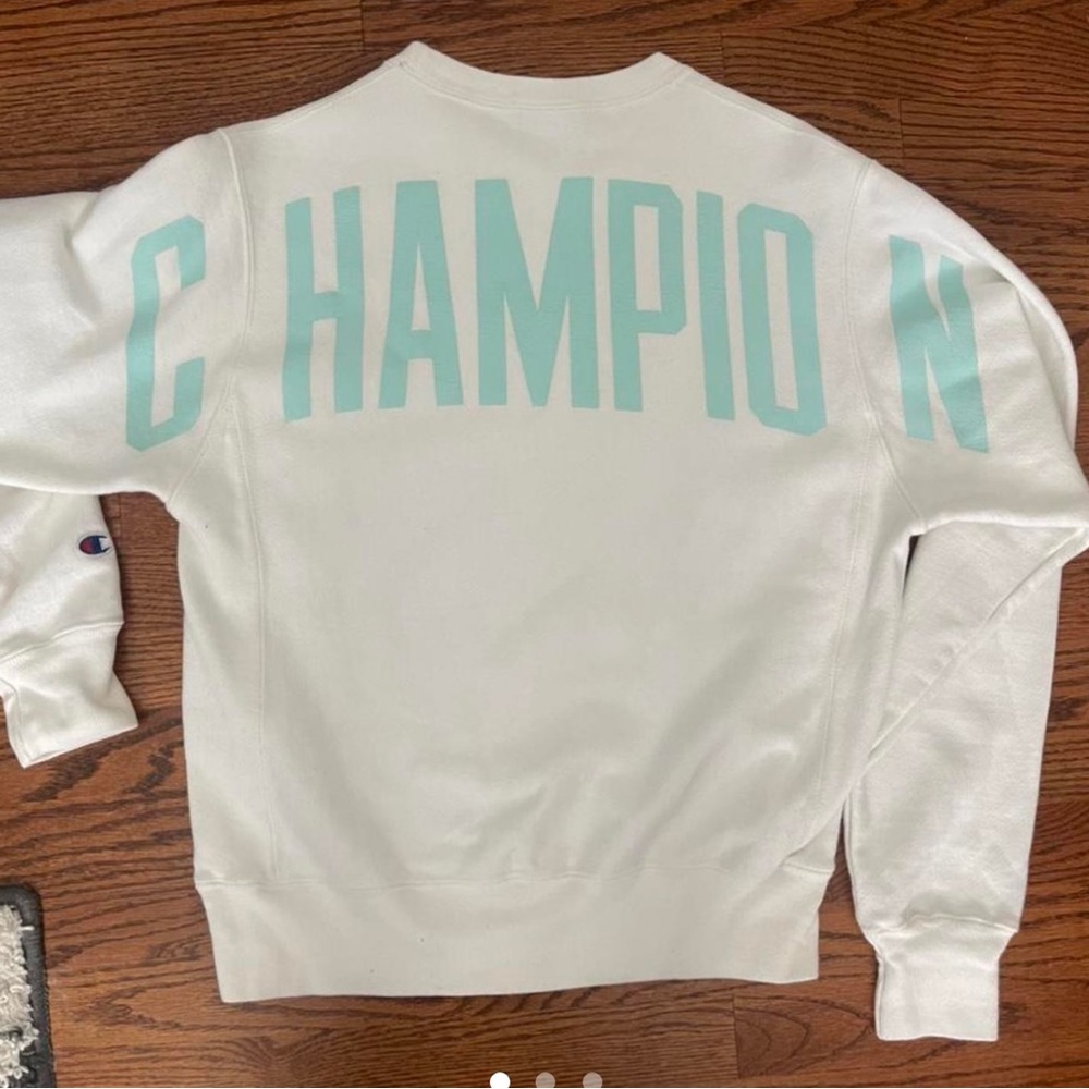 white and teal champion crew neck